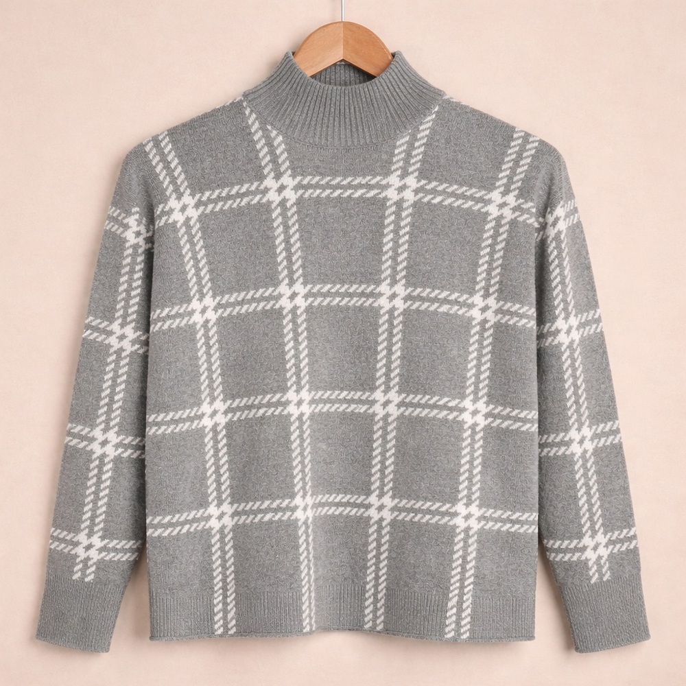 Love Scarlett Luxe Gray Plaid Mock Neck Sweater Size Small Windowpane Pullover